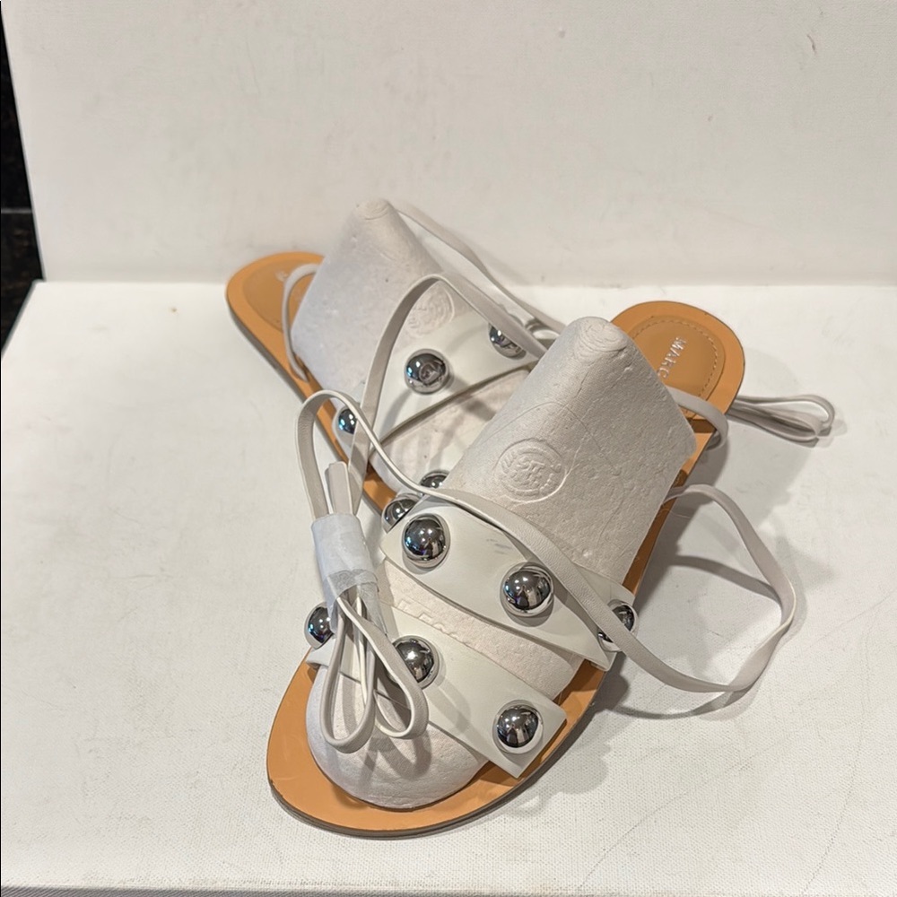 MARC FISHER White and Silver Sandals with Modern Metallic Design